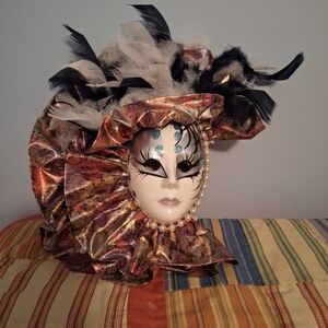 Elegant Vintage Feathered Masquerade Mask For Hanging Decor 12" Long 7.5" Wide